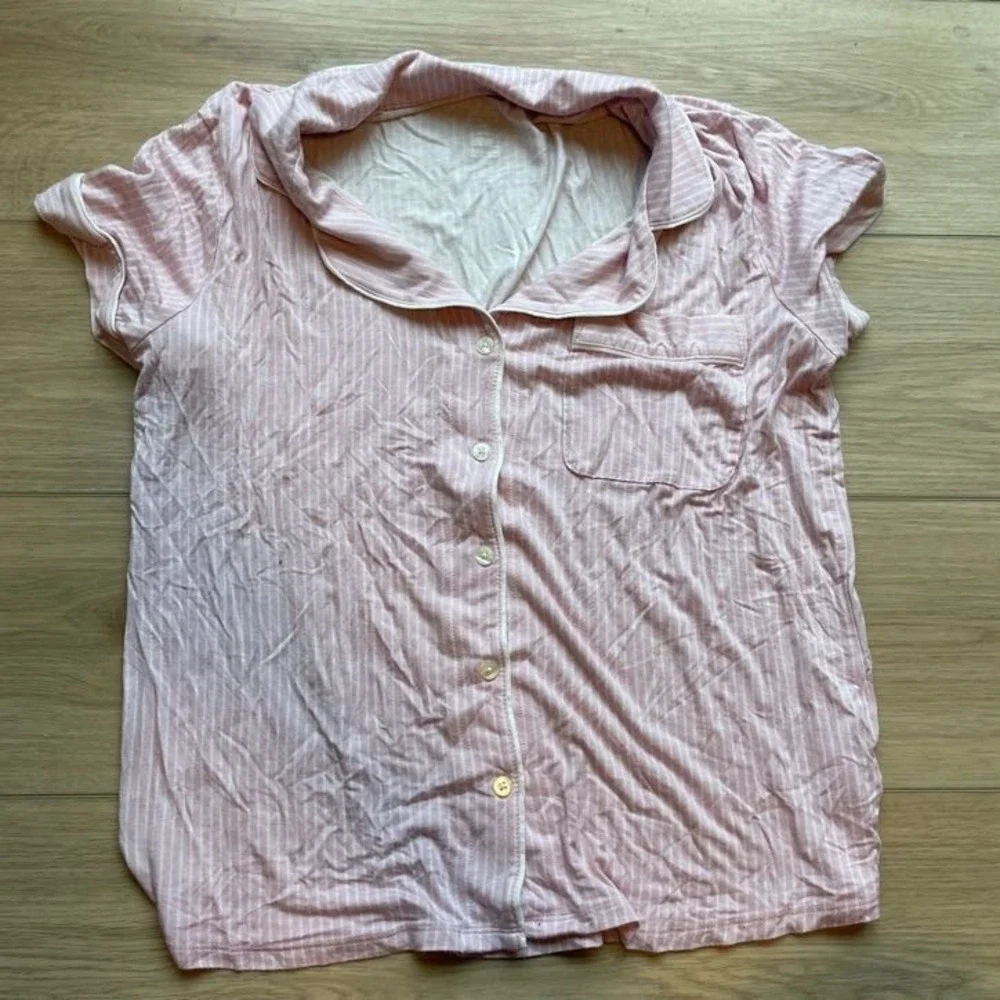 Pink White Striped Pajama Set Short Sleeve Button Down Top Pants Loungewear